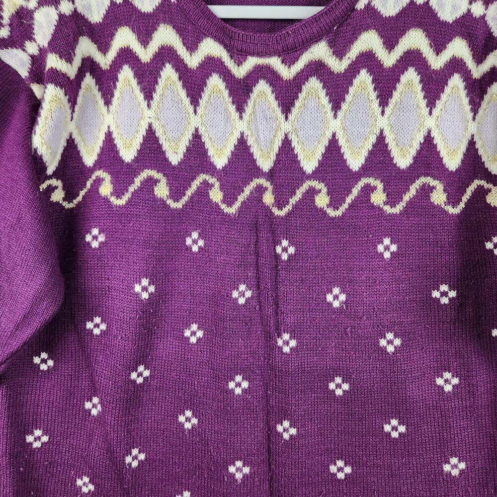 Vintage Keren Sweater Womens XL Purple Fair Isle Knit 3/4 Sleeve Made in USA 90s